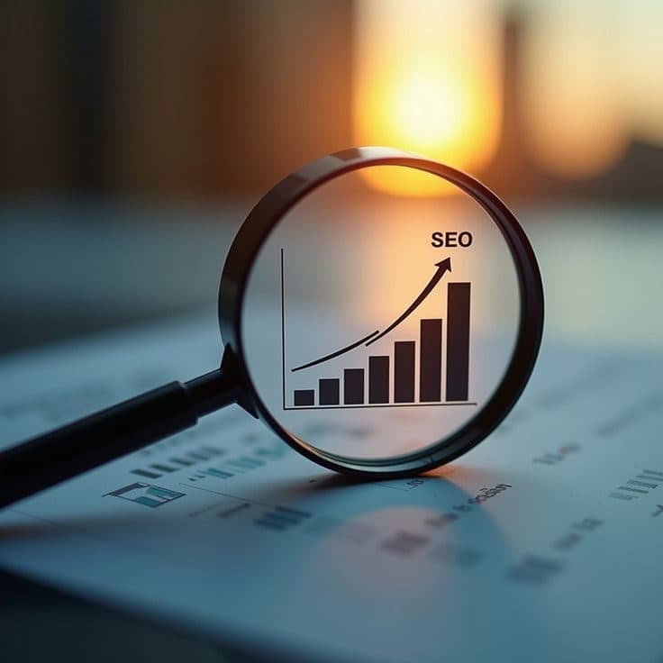 SEO growth chart magnified, representing data-driven search optimization
