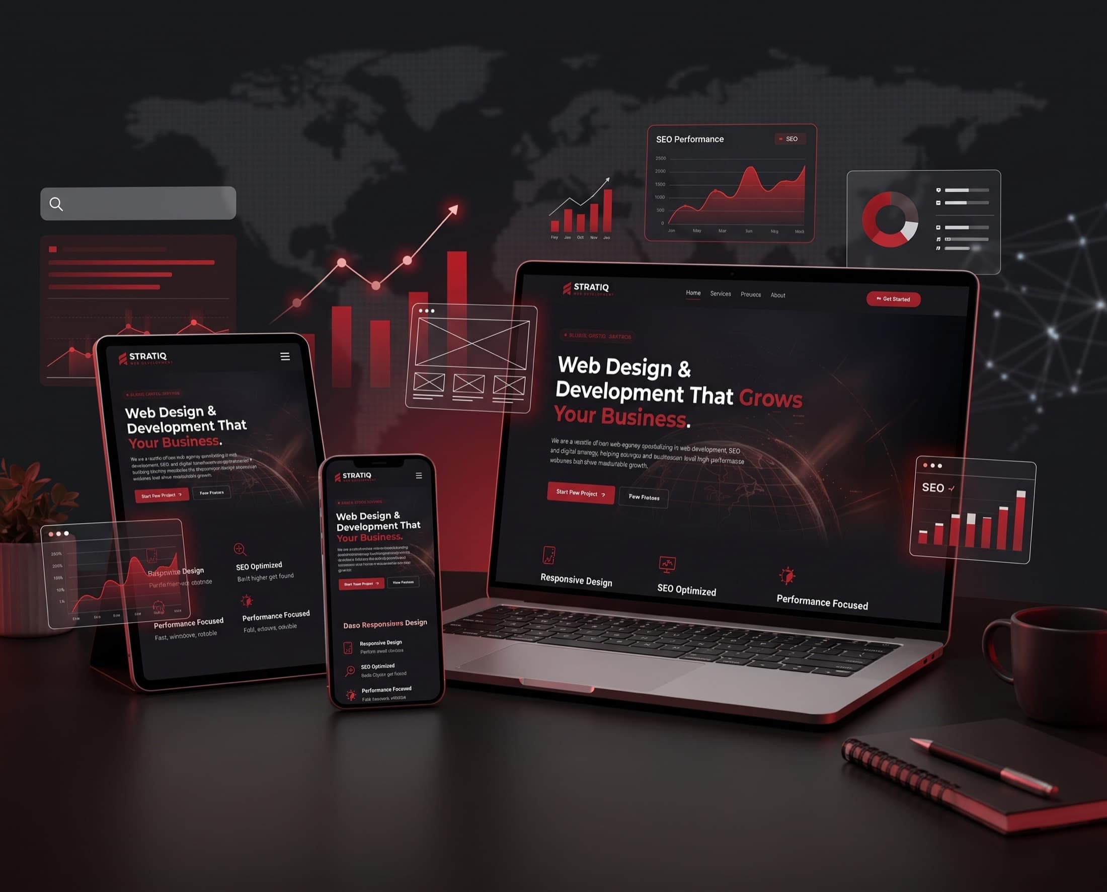 StratiqWeb website designs shown across laptop, tablet, and phone